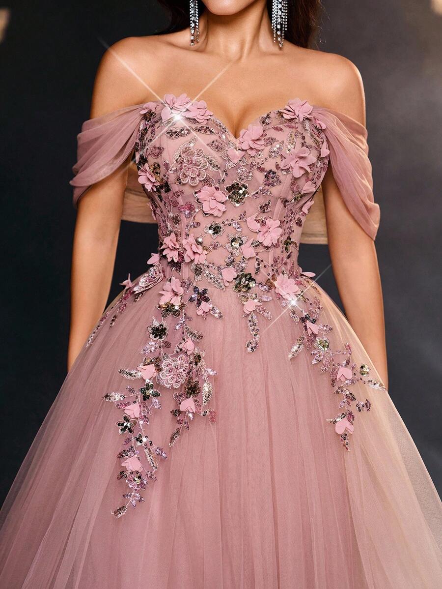 Glamrae 优雅奢华刺绣蕾丝亮片露肩泡泡袖长裙，适合婚礼、活动、派对、度假、庆典、正式场合（重度装饰）