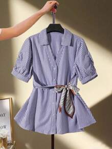 Calvaya Plus Size Women's Striped Short Sleeve Single-Breasted Casual Commuter Shirt, Summer - Multicolor - View 6
