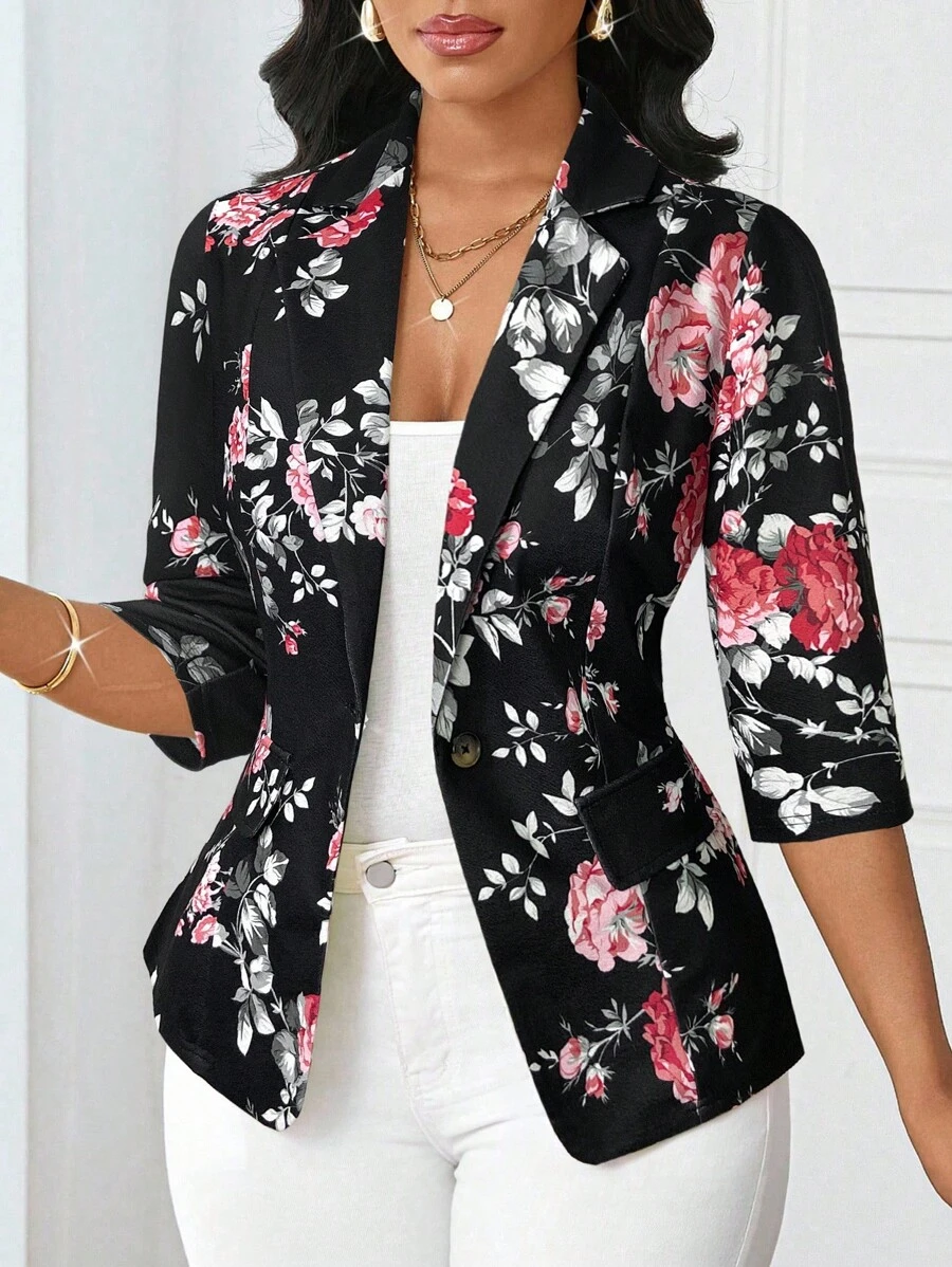 SHEIN Lady Áo khoác vest mỏng dành cho nữ phù hợp với mọi mùa Áo khoác blazer nữ công sở thường ngày họa tiết hoa - màu đen - Xem 1