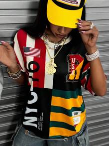 Rovax 夏季时尚条纹运动衫拼接数码印花T恤