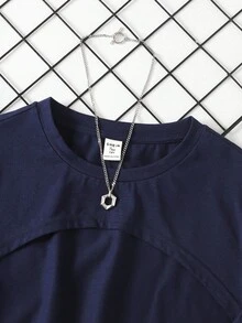 SHEIN Teen Girl Solid Color Asymmetrical Hem Short Sleeve T-Shirt + Letter Print Jumpsuit Casual Outfit Crop Top Set For Teen Nova Glow Young Girl Vacation Casual Solid Color Round Neck Short Sleeve 2pcs Set Girls Athletic Romper Romper Teen Teen Clothes Girls Summer Set Teen Girls Romper Casual Solid Color Set Romper Teen Regular Sleeve - Navy Blue - View 4
