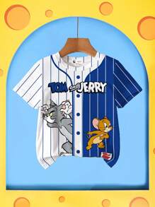 TOM & JERRY X SHEIN 男童休闲卡通条纹数字印花短袖T恤，藏青色英文字母图案，舒适夏日