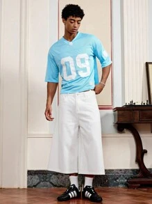 SWAVVY 男士休闲百搭纯色阔腿牛仔短裤 - 白色 - 查看 5