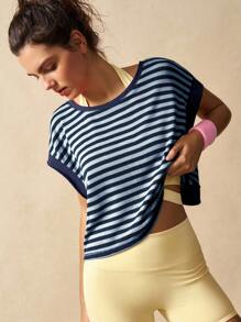 VARSIVA 条纹露背蝙蝠袖短款运动T恤 - 藍色 - 查看 6