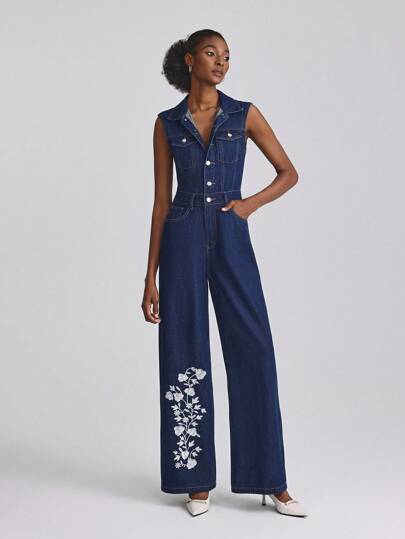 Slaydiva Damjumpsuit med vida ben, knappslå och fickor, blommig broderi