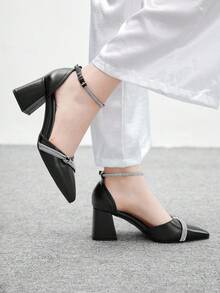 CUCCOO BIZCHIC 女士时尚黑色露背尖头粗跟高跟鞋，经典简约设计，适合通勤、约会、派对、度假、婚礼 - 黑色 - 查看 1
