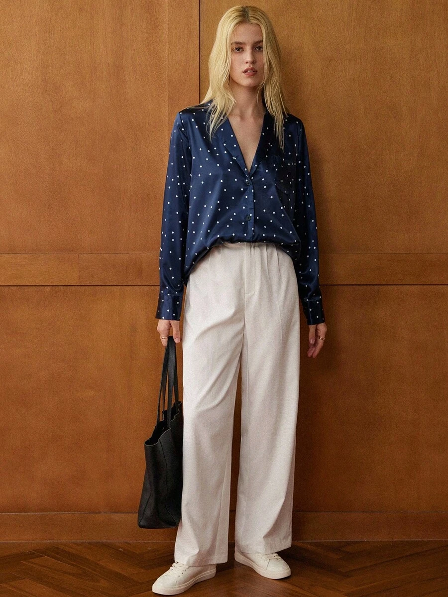 Écloséra 2pcs Women Blue Polka Dot Top And White Pants Set Fall Cloth For Women - Royal Blue - View 1