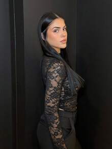 Lucia Bellido Women's Lace Elastic 3328 Peony Floral See-Through Sexy Top (Random Cut) - Black - View 5