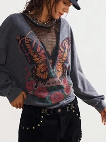 Bohemela Plus Size Women Butterfly Print Crew Neck Drop Shoulder Long Sleeve Casual Loose Sweatshirt