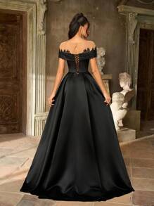 Aureia 优雅奢华黑色露肩超喇叭形仿珍珠刺绣蕾丝贴花透明网眼缎面褶皱连衣裙，适合婚礼、派对、舞会、度假、晚会