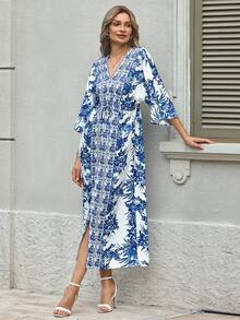 EMERY ROSE Women's Deep V-Neck Floral Printed Waist-Tightening Dress Maxi Vacation Beach Outfit