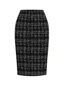 Ellevyn 2 件女士优雅黑色商务/通勤法式格子衬衫和裙子套装黑白格子教师装，老钱风格秋季女装套装，黑色正装，适合外出 - 黑色 - 查看 7