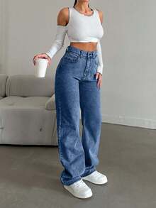 EURMUSE Snow Wash Straight Leg Jeans High Rise ,Petite Women - Teal Blue - View 6