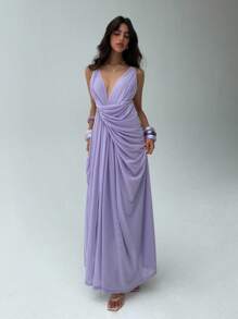 Aloruh 女士新款夏季雪纺连衣裙，纯色浅紫色透视设计，扭结领口，优雅长裙女士派对连衣裙薰衣草连衣裙丁香连衣裙紫色连衣裙女神连衣裙女士夏季连衣裙女士连衣裙女士夏季服装女士连衣裙女士夏季防晒连衣裙 - 淡紫色 - 查看 3