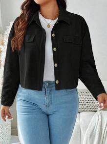 SHEIN LUNE 大码纯色前扣假口袋简约休闲夹克假日装