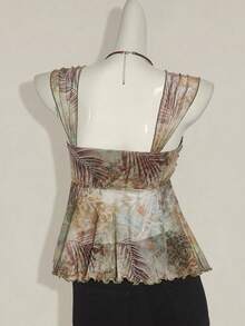 SHEIN ICON 女式西部复古波西米亚风热带植物印花褶饰不对称下摆时尚粗肩带吊带背心