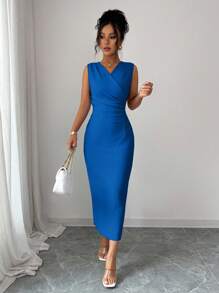 Elenzga Women's Elegant Fashion Commuter Casual Comfortable Charming Retro Romantic Vacation Sleeveless V-Neck Waist Gathered Bodycon Solid Color Dress - Royal Blue - View 3