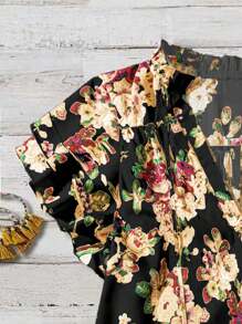 Chiquease Women's Pink Vacation Floral V Neck Ruffled Sleeve Loose Blouse Clothes For University - Yellow - View 3