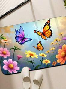 1pc Super Absorbent Diatomite Bathroom Mat, Non-Slip, Quick Drying Rug, Gorgeous Dreamy Flowers And Butterflies Non-Slip Absorbent Bathroom Mat, Soft Diatom Mud And Rubber Backing, Easy To Clean Quick Drying Bathroom, With Bright Floral Butterfly Design, Suitable For Bathroom Living Room Laundry Room Home Decoration, Bathroom Bath Mat, Easy To Clean Material - Multicolor - View 5