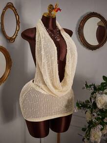 Amplova 大码女式纯色低胸垂坠领露背性感时尚连衣裙 - 杏色 - 查看 5