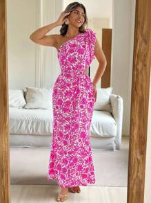 Vionelle Váy dài kiểu Pháp thanh lịch lãng mạn hở vai in hoa cỡ lớn cho nữ - Hồng - Xem 7