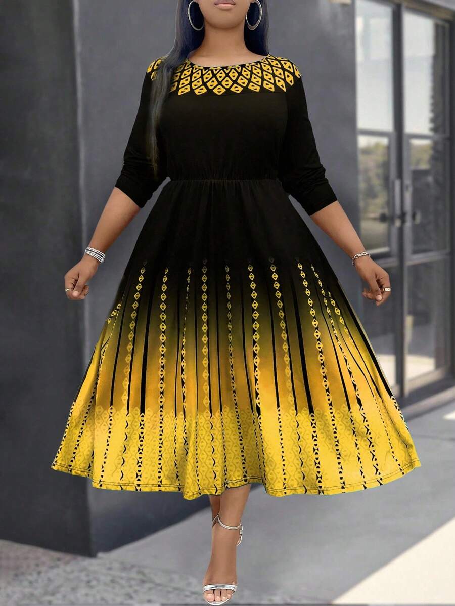 SHEIN Clasi 大码女式优雅渐变格子印花圆领A字中袖连衣裙长款女装 - 黃色 - 查看 1