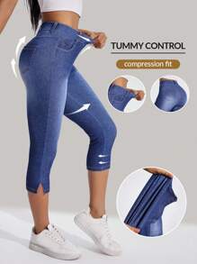 Flexra Jeans de mezclilla de punto con cintura alta elástica, dobladillo dividido y lavado casual para mujer - Azul lavado medio - Ver 1