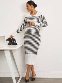 MaterniWear Office,Business Casual Woman,Fall Clothes,Autumn Clothes,Maternity Autumn Clothes Maternity Striped V-Neck Long Sleeve Fitted Knit Dress - Black and White - View 2