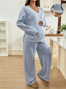 SHEIN 秋季服装，秋季服装，孕妇装 秋冬服装 孕妇装 2 件套 孕妇休闲纯色侧开衩连帽衫和运动裤套装，秋冬孕妇装两件套 两件套休闲套装 孕妇休闲服 舒适两件套女式休闲套装 孕妇装两件套 孕妇休闲套装 两件套女式舒适两件套 灰色两件套 两件套休闲套装女式休闲套装 - 灰色 - 查看 8