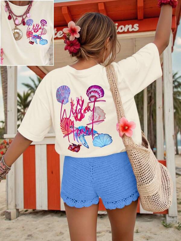 DrmWander T-shirt casual da donna a maniche corte con scollo rotondo e stampa a conchiglia, estiva