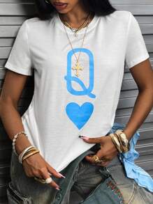 INAWLY Women's Casual T-Shirt With Poker Card Queen Pattern, Spring & Summer For New Year Clothes Graphic Tees Women Tops - White - View 4