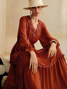 Arave 女式优雅腰部收紧褶皱蕾丝和网眼灯笼袖长裙，波西米亚和嬉皮风格 - 紅色 - 查看 1