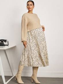 MaterniWear 2件孕妇套装：纯色长袖上衣和碎花哺乳裙