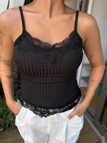 Lucia Bellido Contrast Lace Cami Top - Black - View 3