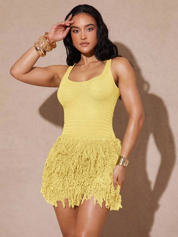 Silquee Women's Sleeveless Solid Color Fringe Hem Mini Knit Dress, Summer Yellow Fringe Dress Tassel Dress Yellow Short Dress Fringe Mini Dress Yellow Dress