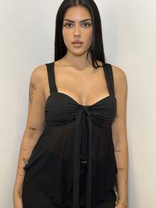 Áo ba lỗ lưới hở lưng bất đối xứng cho nữ - màu đen - Xem 3