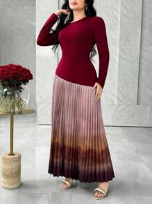 Modelyn 韩版百褶印花拼色腰部收腰长袖优雅通勤连衣裙 - 酒紅色 - 查看 5
