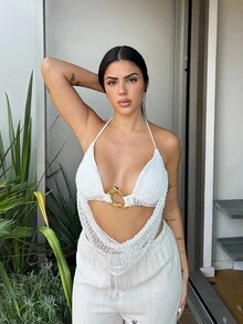 Lucia Bellido 女士夏季性感波西米亚海滩度假演唱会服装女士露背领带金属装饰钩针夏季上衣，女士夏季服装，女士性感俱乐部服装 - 白色 - 查看 5