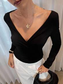 SHEIN Lavishia Áo thun nữ tay dài phối ren cài nút sau lưng thời trang - màu đen - Xem 4