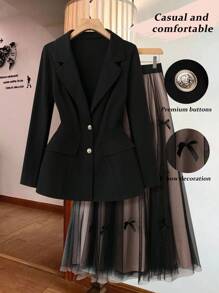 Rometta 大码女式两件套：纯色翻领长袖西装外套和蝴蝶结装饰网眼中裙，适合秋季 - 黑色 - 查看 1