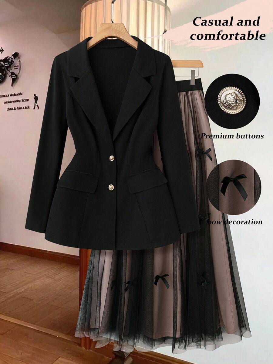 Rometta 大码女式两件套：纯色翻领长袖西装外套和蝴蝶结装饰网眼中裙，适合秋季 - 黑色 - 查看 1