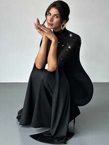 Firerie Women's Elegant, Exquisite, Romantic And Dignified Dance Party Date Embroidery Sequin Mesh Slit Extra-Long Sleeves A-Line Black Maxi Dress New Year Clothes - Black - View 5