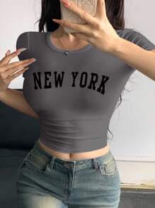 DAZY 短袖修身字母印花 T 恤，夏季，图案 T 恤，返校服装 - 灰色 - 查看 4