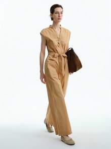 Aalyst Elegancki damski kombinezon do pracy, swobodny, wygodny, uroczy, retro, minimalistyczny, bez rękawów, z dekoltem w serek, luźny, prosty, z szerokimi nogawkami, duża kieszeń, pasek w pasie, jednolity kolor