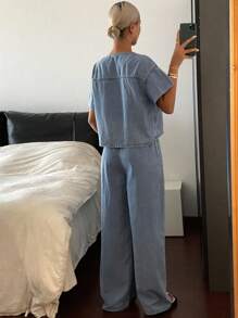 Livesso 女式夏季短袖系带上衣和宽松牛仔裤套装