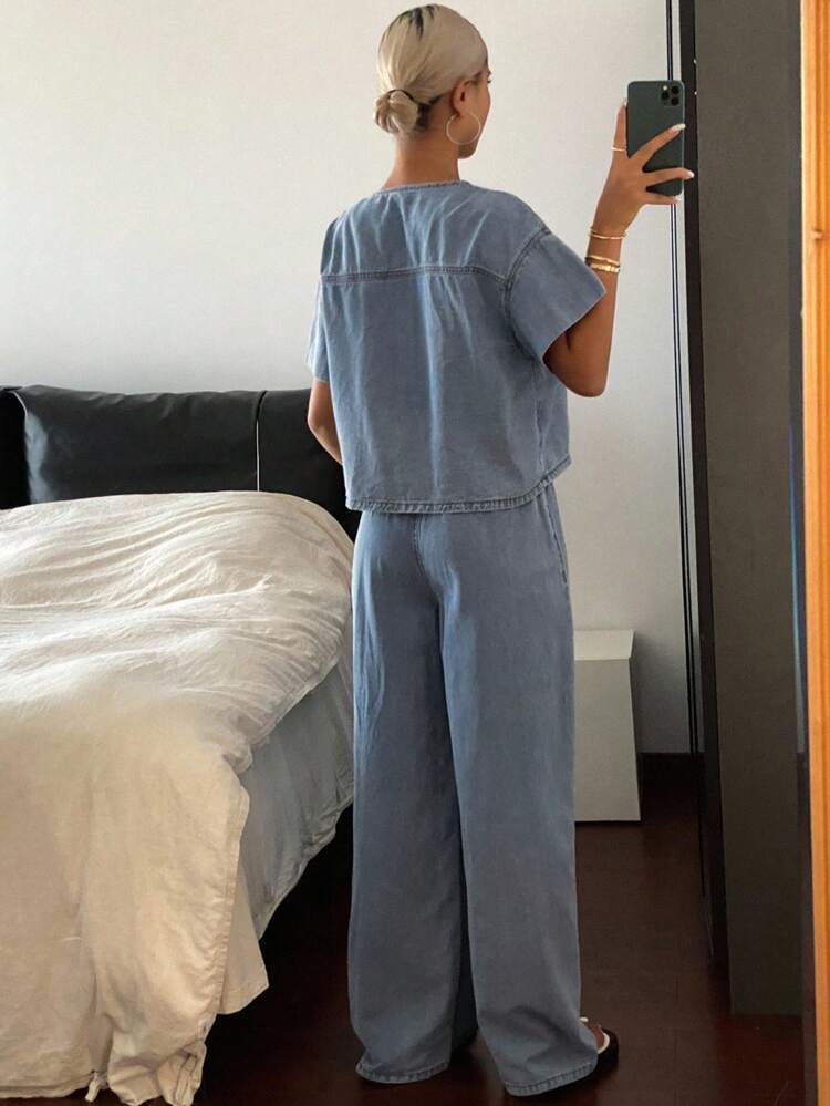 Tall Women's Summer Short Sleeve Tie-Front Top And Loose Wide-Leg Jeans Vacation Set