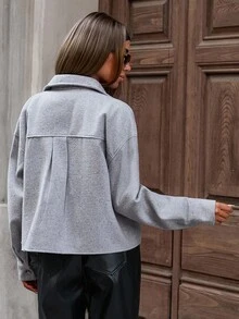 EURMUSE Front Button Pocket Solid Color Casual Long Sleeve Jacket - Grey - View 2