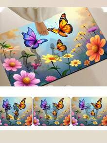 1pc Super Absorbent Diatomite Bathroom Mat, Non-Slip, Quick Drying Rug, Gorgeous Dreamy Flowers And Butterflies Non-Slip Absorbent Bathroom Mat, Soft Diatom Mud And Rubber Backing, Easy To Clean Quick Drying Bathroom, With Bright Floral Butterfly Design, Suitable For Bathroom Living Room Laundry Room Home Decoration, Bathroom Bath Mat, Easy To Clean Material - Multicolor - View 4