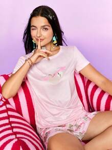 女士树懒印花粉色 T 恤睡衣套装 - 粉色 - 查看 6