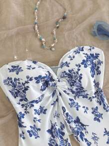 SHEIN Tween 女童休闲花卉印花不对称下摆背心，舒适简约 - 藍色 - 查看 5